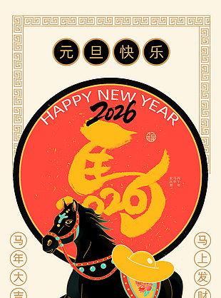 2026元旦快乐马年手绘海报