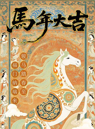创意国潮风马年大吉新春长图海报
