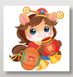 春节小马驹拿灯笼招财进宝卡通传统节日插画