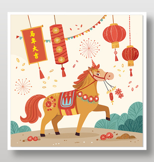 卡通中国风马年大吉新年插画