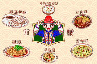 卡通手绘甘肃特色地域美食插画