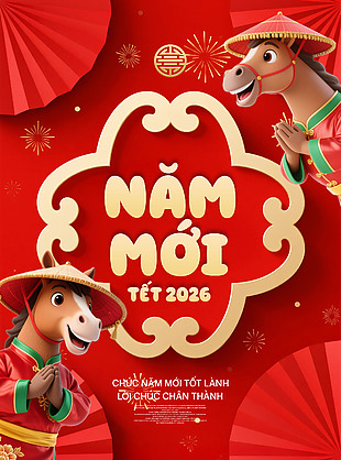 喜庆卡通风马年新年海报