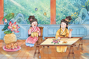 清新手绘水彩非遗文化古风刺绣插画