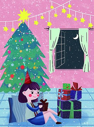 圣诞节拆礼物卡通风插画