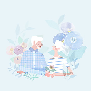 温馨浪漫爷爷奶奶日常生活相处场景插画
