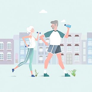 爷爷奶奶退休生活健康运动生活插画