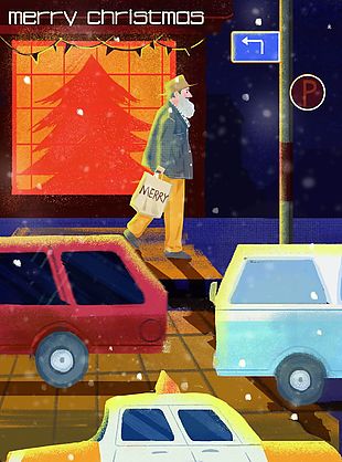 水彩风圣诞夜街景插画