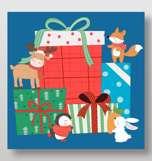 小动物送圣诞礼盒节日插画