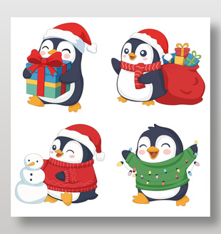 企鹅戴帽子欢度圣诞节节日插画