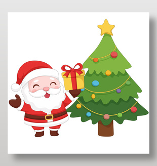 圣诞老人在圣诞树旁送礼物节日插画
