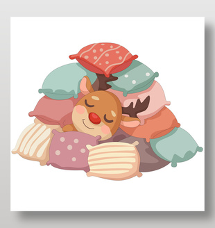 圣诞节驯鹿枕枕头睡觉节日插画