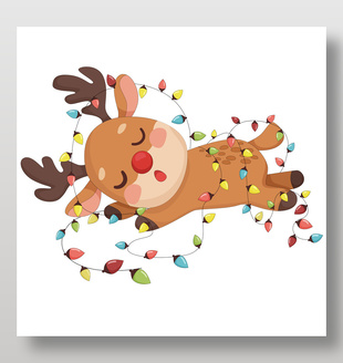 圣诞节驯鹿裹彩灯睡觉卡通节日插画