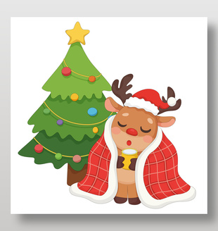 驯鹿披毯子喝热饮过圣诞节日插画