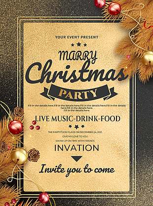黄金色大气圣诞节邀请函