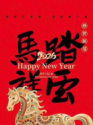 恭贺新禧马踏祥云元旦节日海报