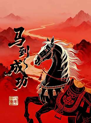 马年吉祥一马平川元旦节日海报