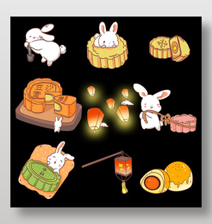 中秋节小兔子吃月饼节日卡通插画