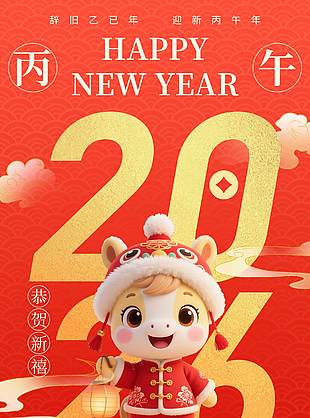 马年到福气来喜迎元旦节日海报