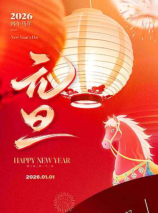 丙午马年张灯结彩元旦节日海报