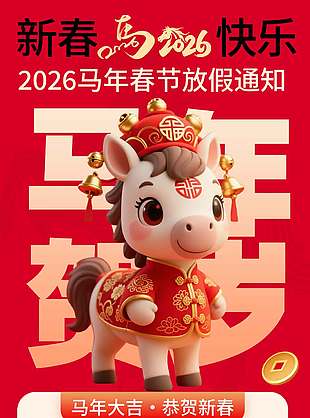 马年大吉恭贺新春春节放假通知海报