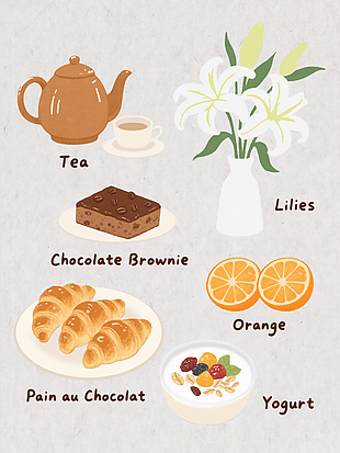 简约精致茶点花卉优雅组合插画
