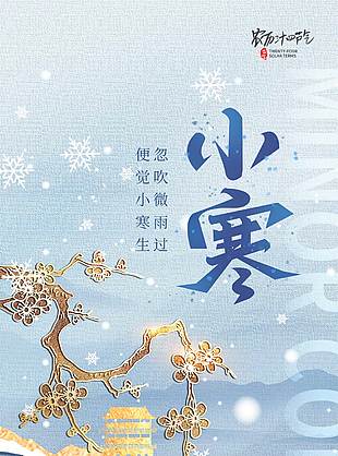 雪花飘落小寒将至传统二十四节气海报