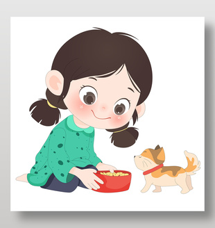 小朋友喂小猫崽卡通儿童插画