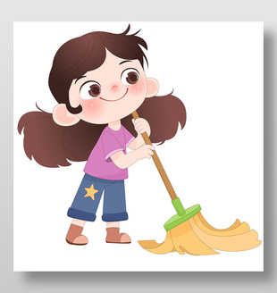 孩子做家务拿扫把扫地卡通儿童插画