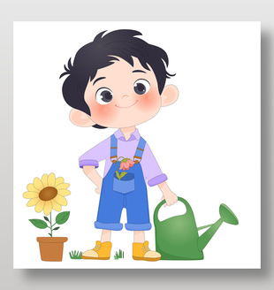 小朋友做家务浇花卡通儿童插画