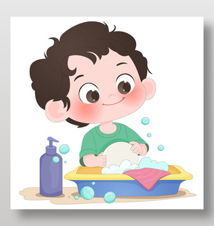 小朋友做家务刷盘子儿童插画