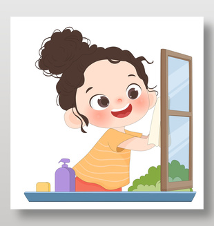 小朋友做家务擦窗户卡通儿童插画
