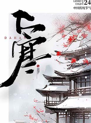 冬日古建筑背景插画大寒节气宣传海报