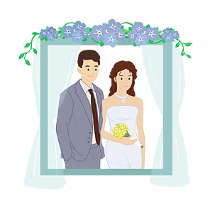 新婚夫妇浪漫婚礼合影卡通插画