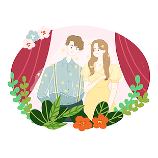大气简约浪漫情侣花丛中合影插画