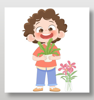 小朋友抱绿植卡通儿童插画