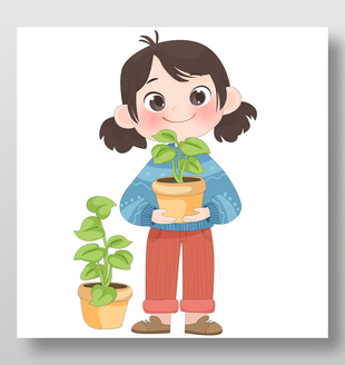 小女孩手捧绿植花盆卡通插画