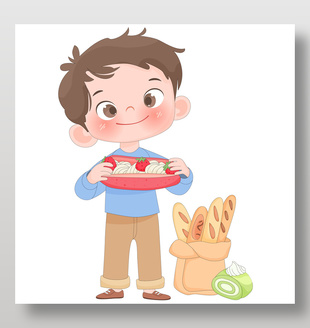 小朋友手捧奶油草莓蛋糕卡通插画