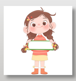 双马尾小女孩拿小白板卡通插画