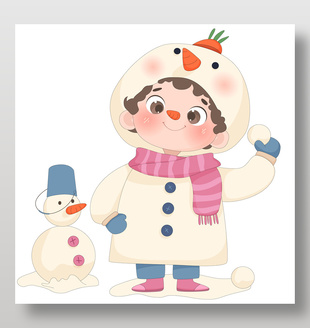 小朋友穿雪人服装打雪仗卡通插画