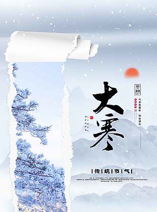 大寒时节雪花飞舞传统节气海报