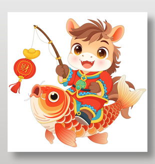 2026年春节小马驹年年有有鱼卡通插画