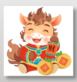 马年春节发财事事如意卡通节日插画