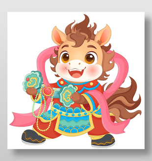 马年春节小马驹捧玉如意卡通插画