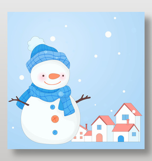 冬天户外雪人和小房子卡通插画