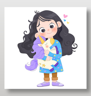 小女孩拿紫色独角兽玩具卡通儿童插画