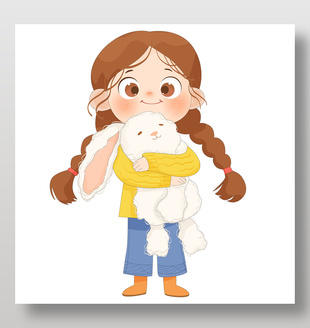 马尾辫女孩抱毛茸茸兔子玩具卡通插画