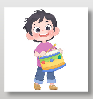 小男孩学习打鼓儿童卡通插画