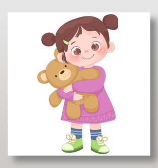 小女孩拿棕色小熊玩具可爱儿童插画