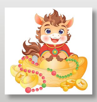 马年春节小马驹捧聚宝盆卡通节日插画