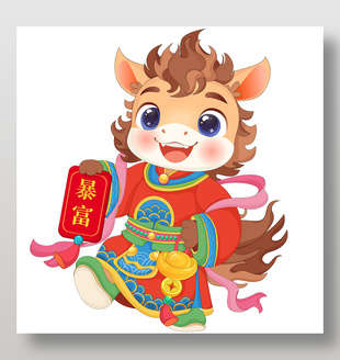 马年新年暴富恭喜发财卡通节日插画